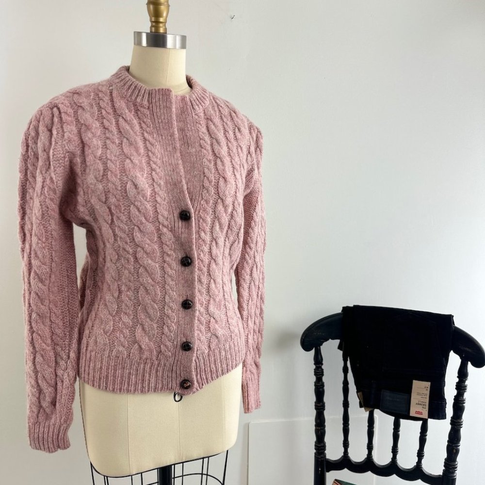 Vintage 80s Pretty in Pink Preppy Cableknit Cardigan Sweater